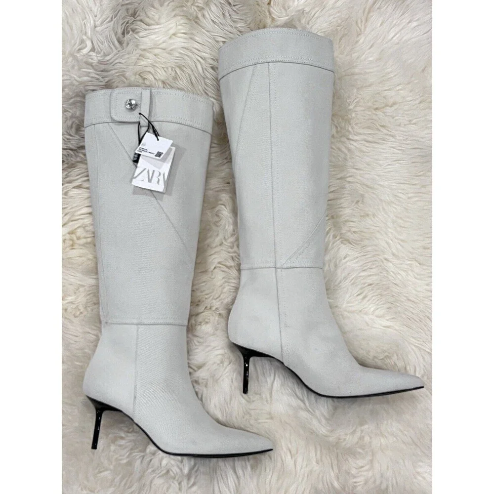 Zara Women Denim High Heel Knee High Pointed Toe Boots Beige Size EU 39 US 8 - Picture 5 of 14